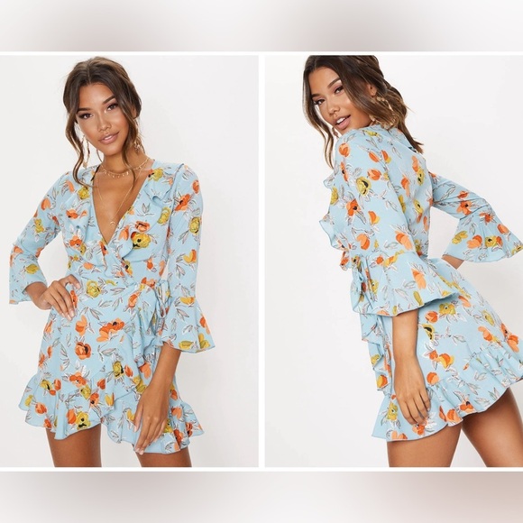 Pretty Little Things women’s NWT Turquoise Floral Printed Frill true Wrap Dress4 - Picture 11 of 11